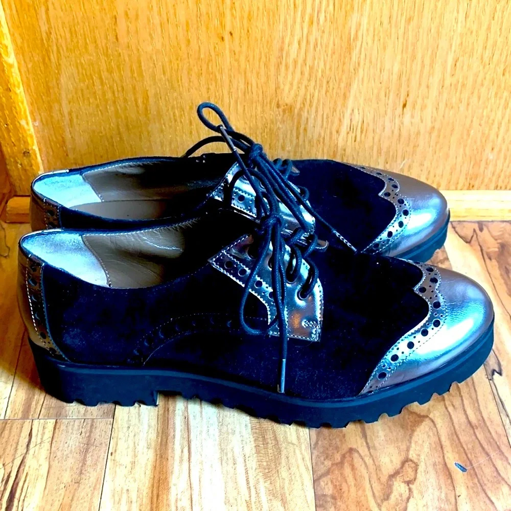 Anyi Lu $600 Oxfords shoes LEATHER handmade size EU 36 US 6 black silver EUC